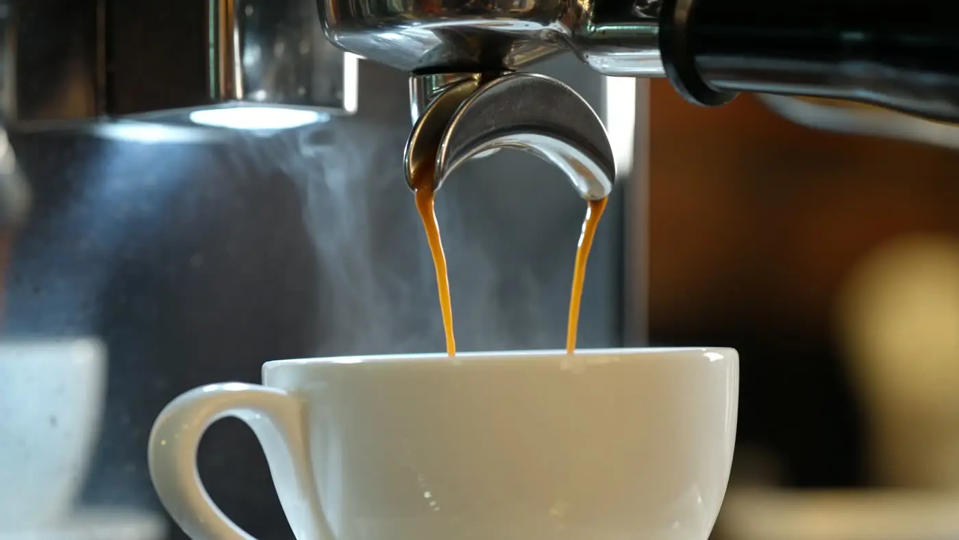 Espresso pouring into a white cup