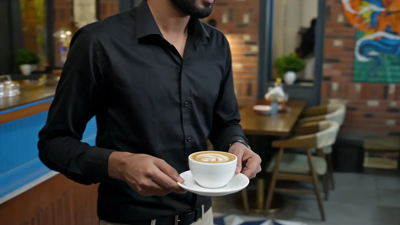 A waiter carrying a latte to a table
