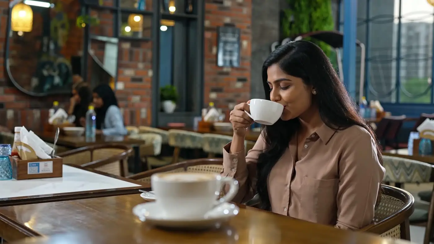 A guest enjoying coffee by the window