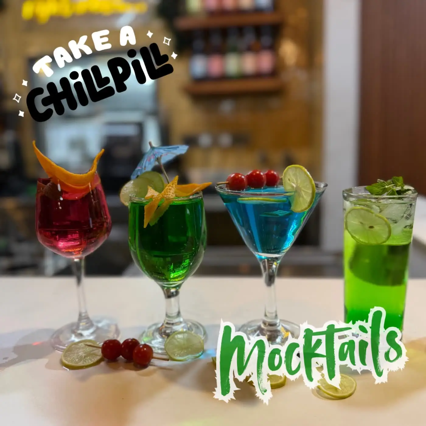 A row of bright mocktails on the counter